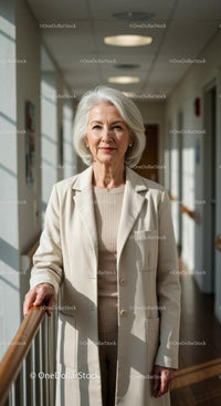 Elegant Elderly Woman Standing in Hospital Corridor in Professional Attire