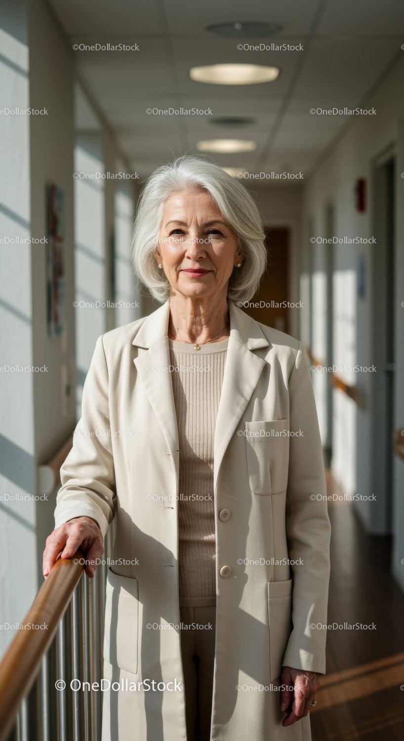 Elegant Elderly Woman Standing in Hospital Corridor in Professional Attire