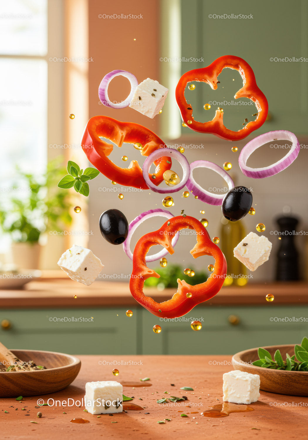 Fresh Mediterranean salad ingredients suspended in air