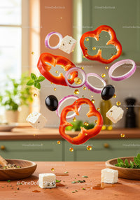 Fresh Mediterranean salad ingredients suspended in air