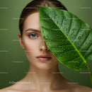 Elegant Woman with Green Leaf in Nature Scene for Beauty and Wellness