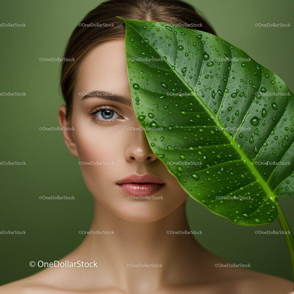 Elegant Woman with Green Leaf in Nature Scene for Beauty and Wellness