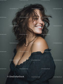 Happy Woman with Curly Hair in Stylish Outfit and Jewelry