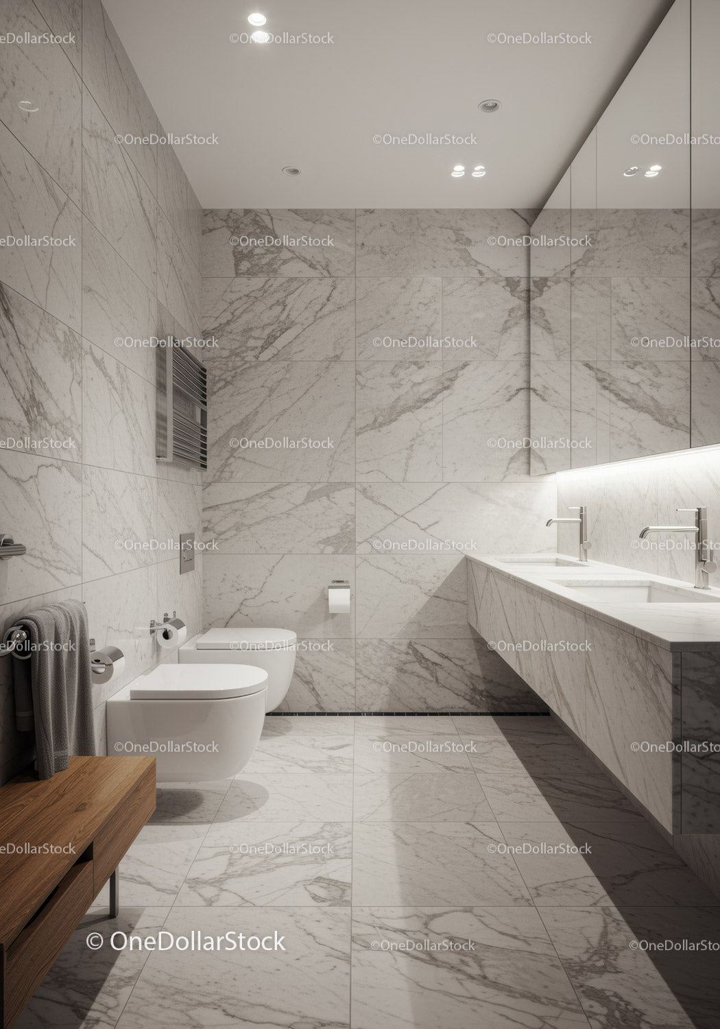 Luxurious Modern Bathroom with Marble Walls and Double Sink Vanity