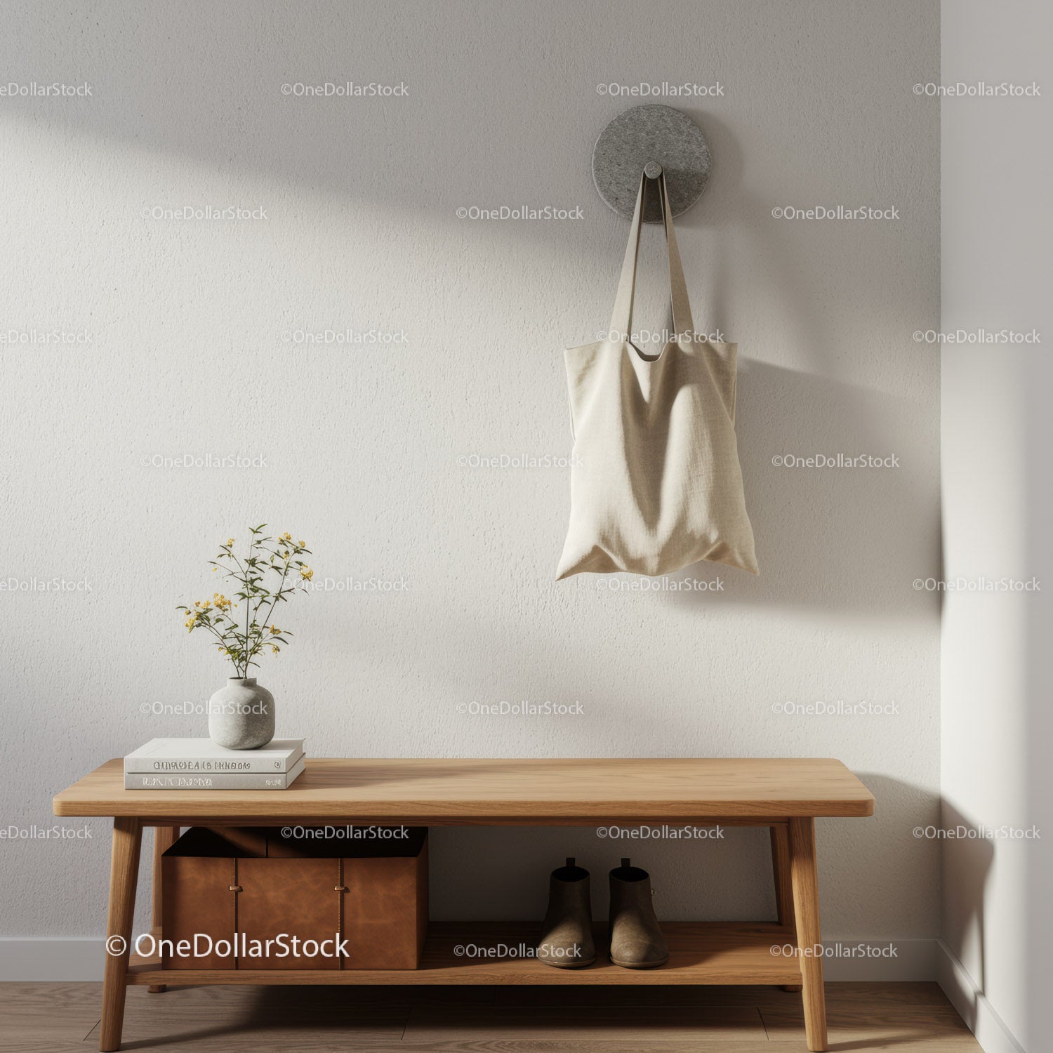 Minimalist Hallway with Wooden Bench, Plant Vase and Hanging Tote Bag