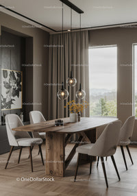 Stylish Modern Dining Room with Wooden Table and Pendant Lights