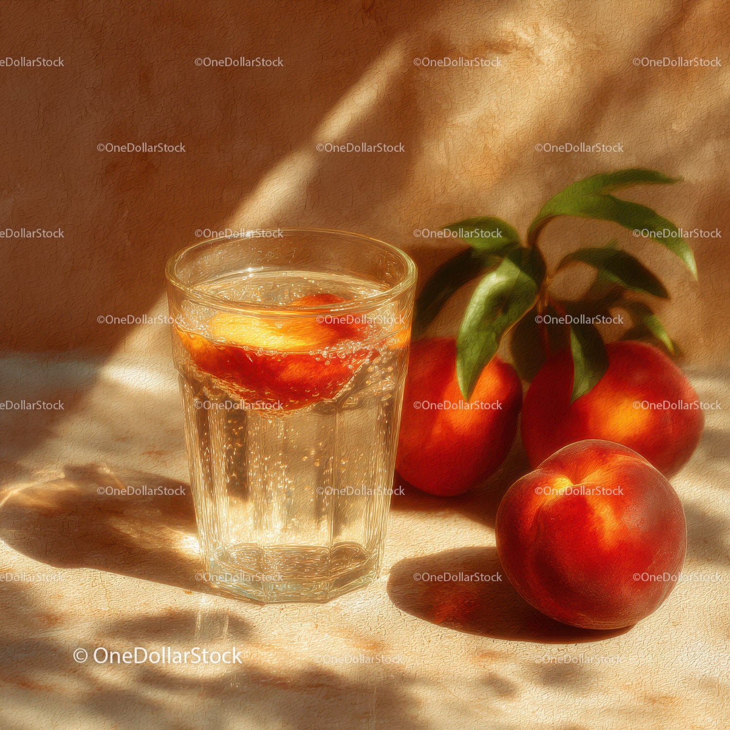 Fresh Ripe Peaches and Glass of Sparkling Water in Bright Summer Scene