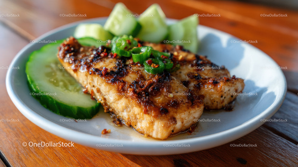 Grilled Fish with Cucumber Slices on Rustic Wooden Table