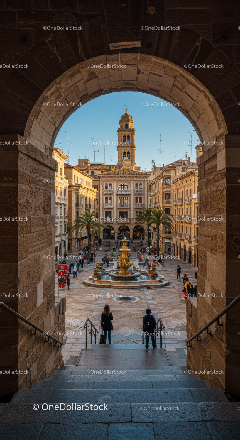 Charming European Town Square with Fountain and Bell Tower