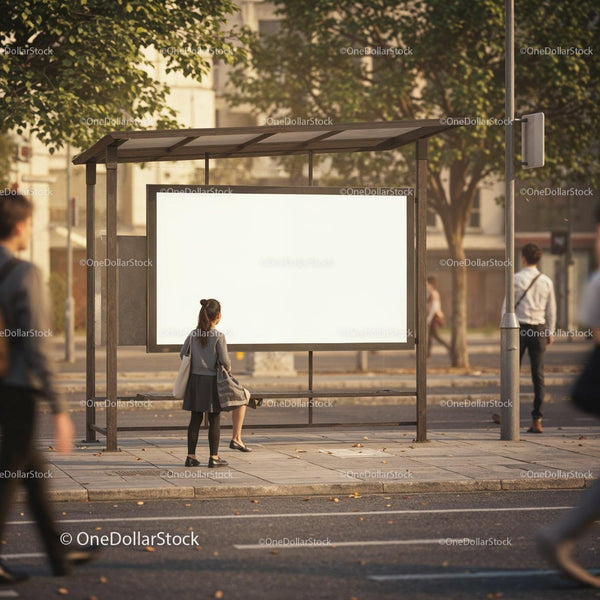 Woman Standing at Bus Stop Looking at Blank Billboard JPG Mockup Image