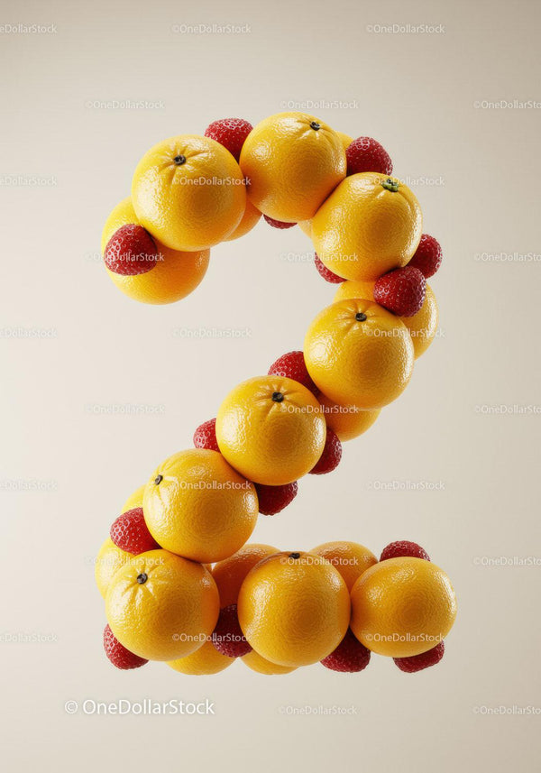 Number two shaped from fresh oranges and strawberries