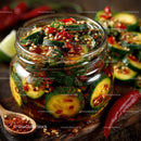 Vibrant Spicy Cucumber Kimchi in Glass Jar with Fresh Vegetables