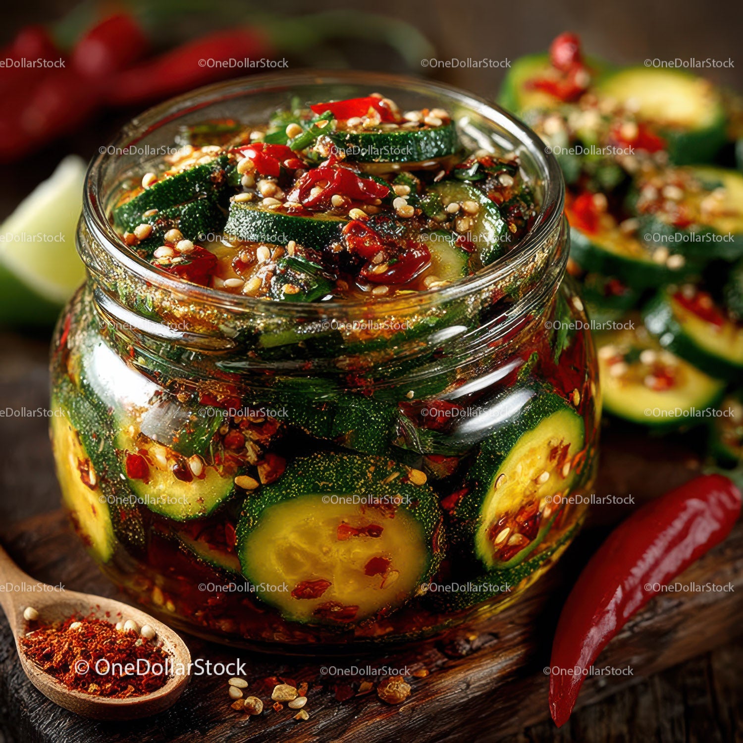 Vibrant Spicy Cucumber Kimchi in Glass Jar with Fresh Vegetables