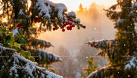 Snow-covered pine branches with red berries at sunset