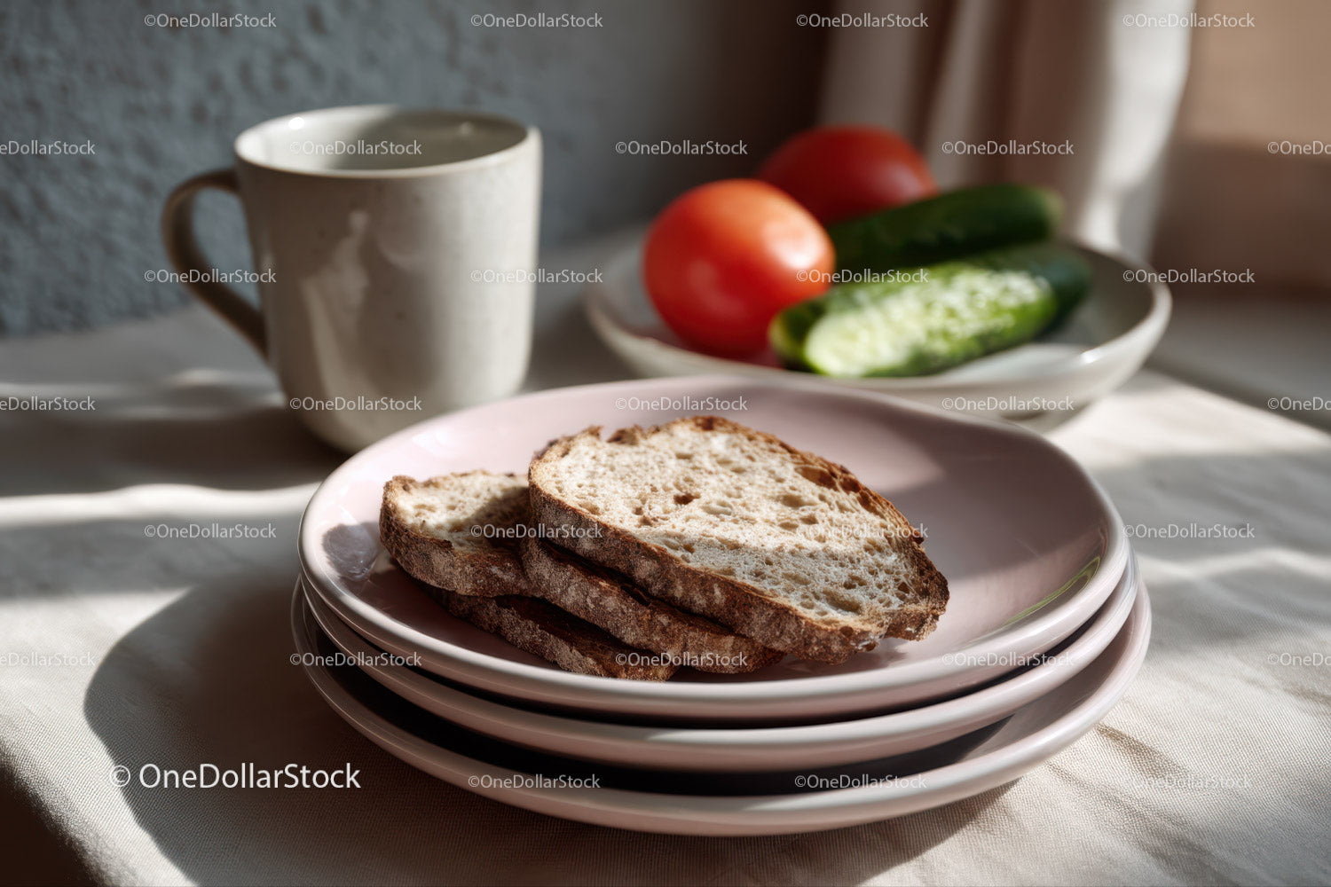 Fresh Sliced Bread with Tomatoes and Cucumber in Bright Kitchen Scene