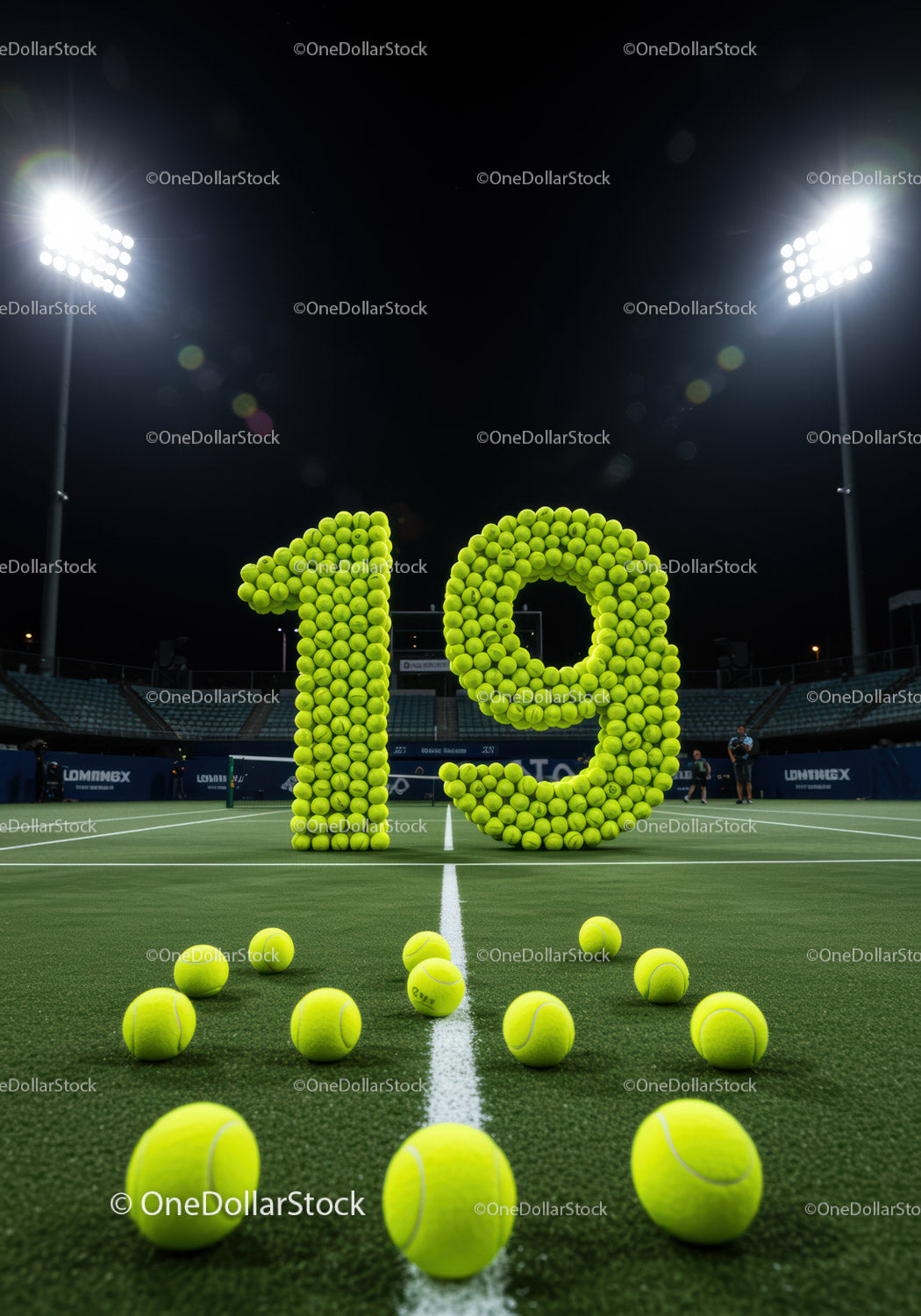 Number 19 formed with tennis balls on illuminated court