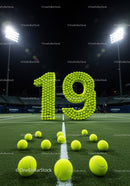 Number 19 formed with tennis balls on illuminated court