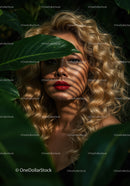 Glamorous Woman with Curly Blonde Hair Among Tropical Leaves