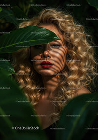 Glamorous Woman with Curly Blonde Hair Among Tropical Leaves