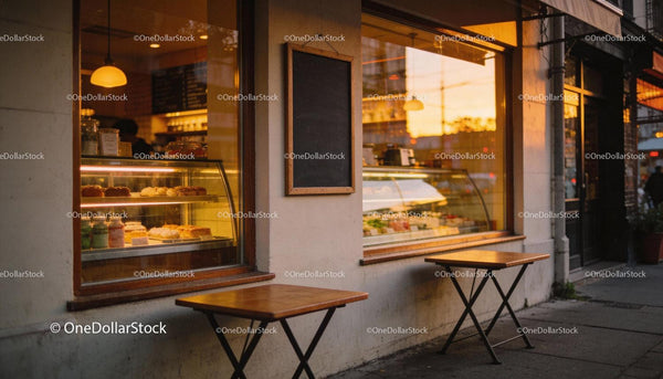 Cozy outdoor cafe at sunset with warm glowing lights