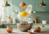 Fresh egg and sugar cubes falling into metal bowl