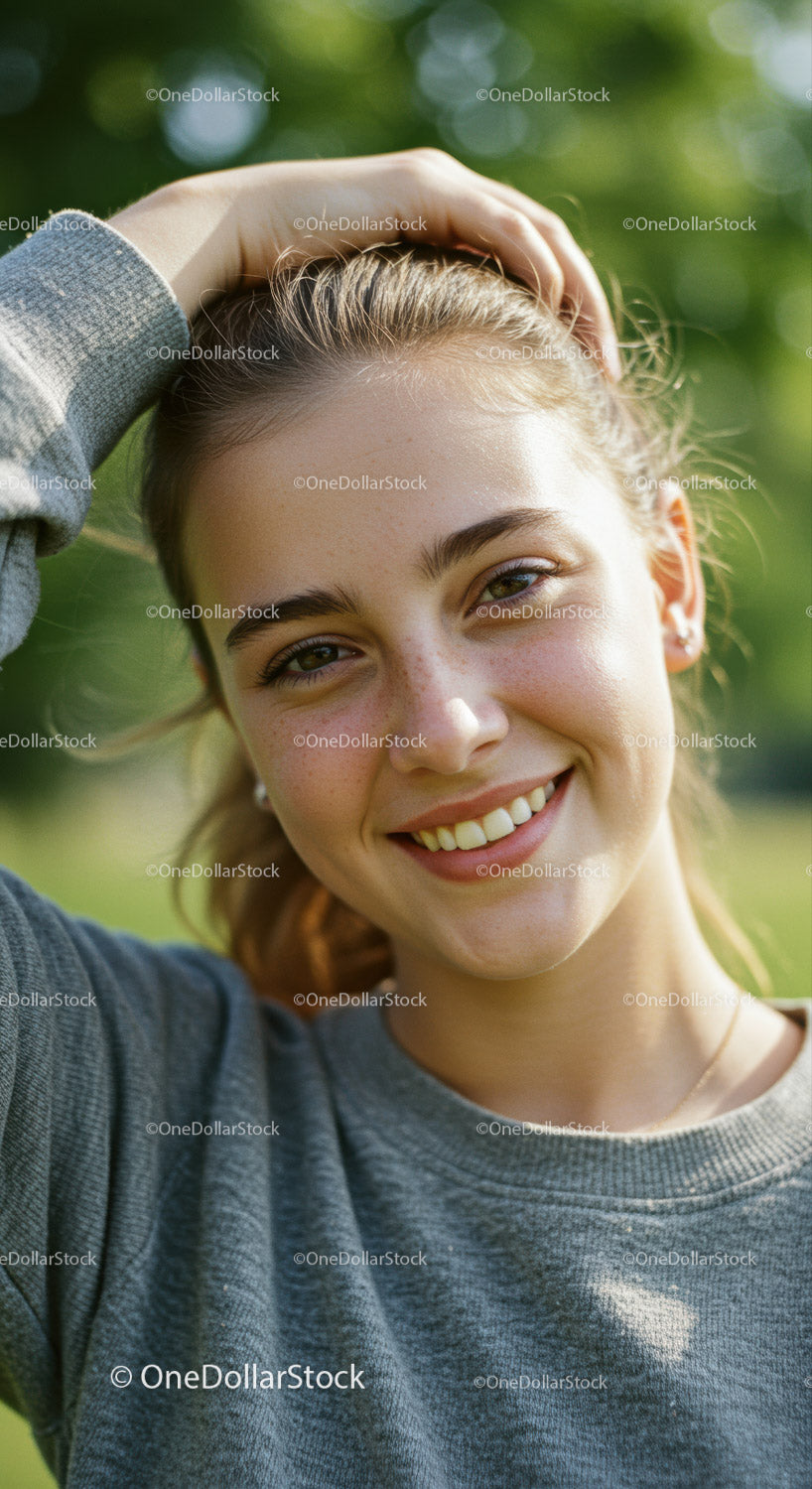 Portret uśmiechniętej młodej kobiety z piegami na świeżym powietrzu