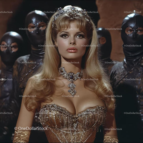 Elegant Woman in Vintage Golden Attire with Dramatic Backdrop
