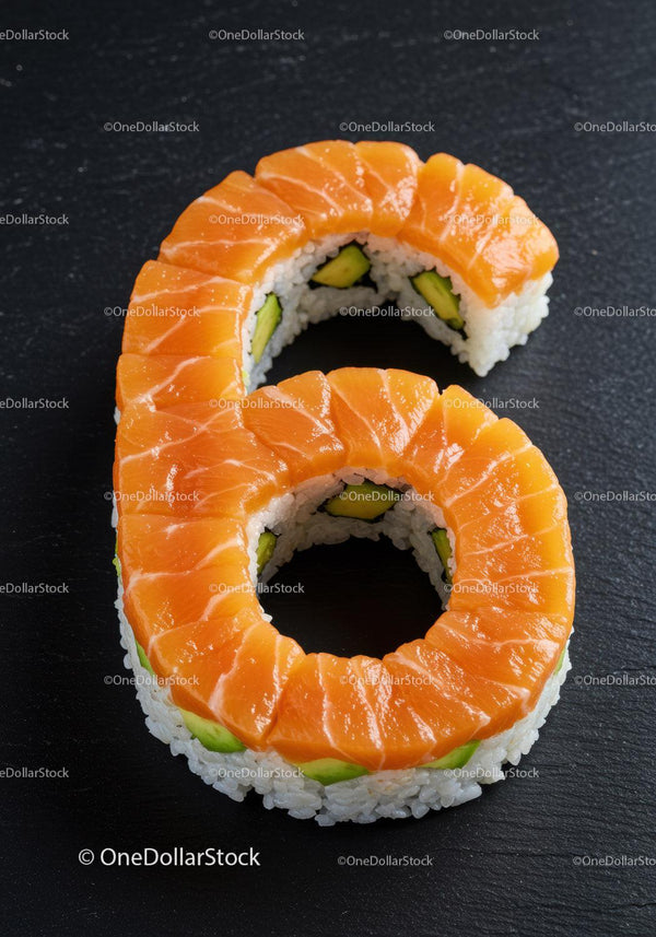 Salmon and avocado sushi roll shaped like number six