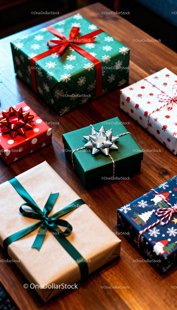 Colorful holiday gift boxes arranged on wooden table