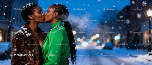 Two Women Sharing a Tender Kiss on a Snowy Evening