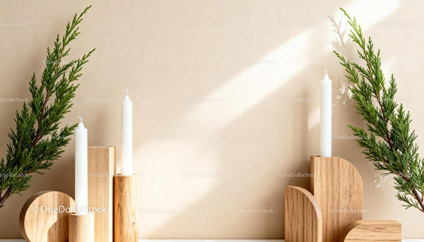 Minimalist wooden candle holders with green foliage