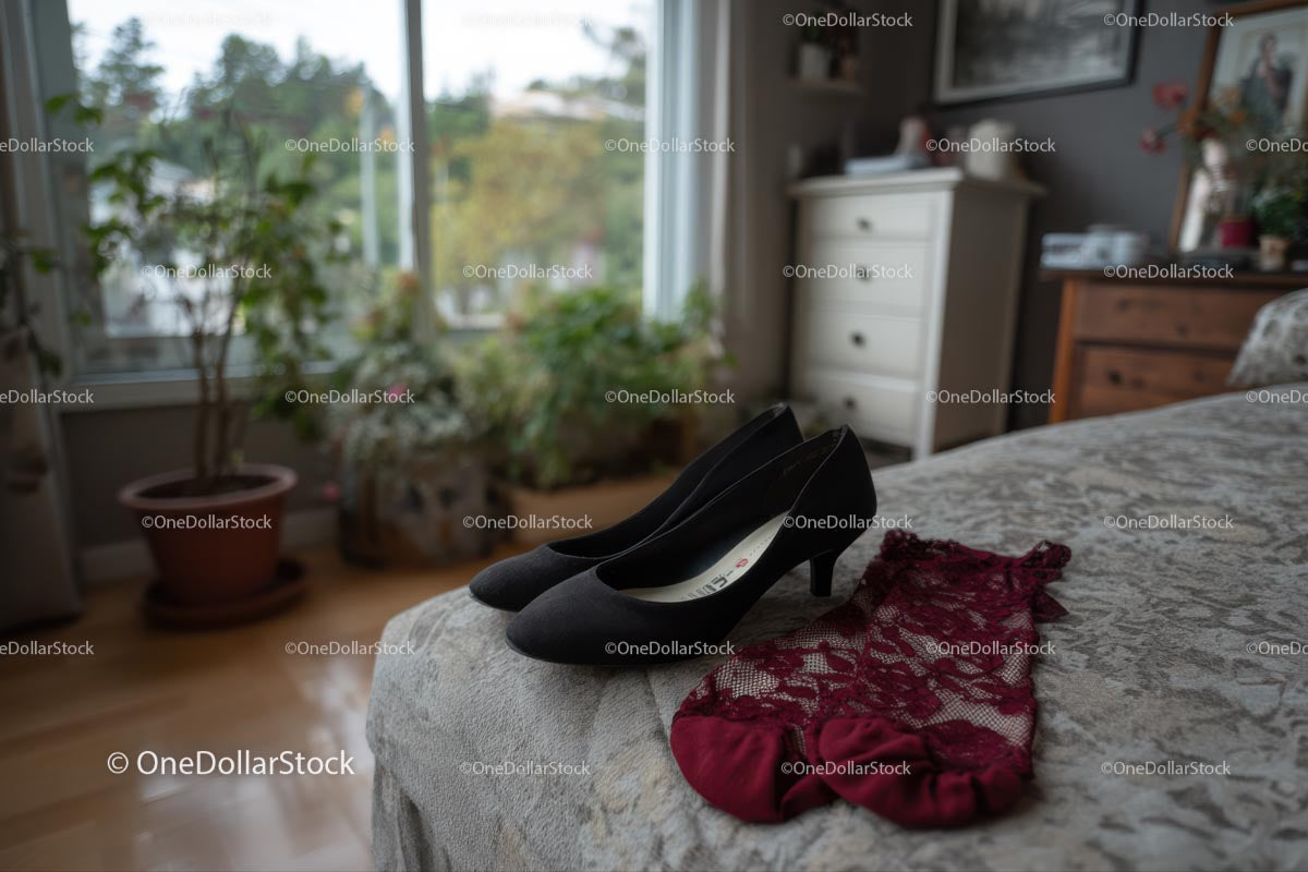 Chic Black Heels and a Red Lace Dress in a Cozy Bedroom Setting