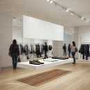 Modern clothing store with minimalist suspended display shelf
