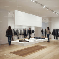 Modern clothing store with minimalist suspended display shelf