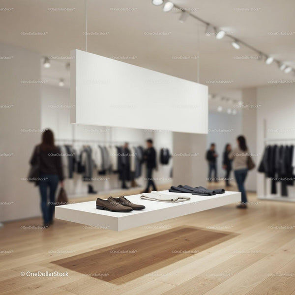 Modern clothing store with minimalist suspended display shelf JPG Mockup Image