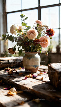 Rustic pottery vase with mixed wildflowers on wooden table