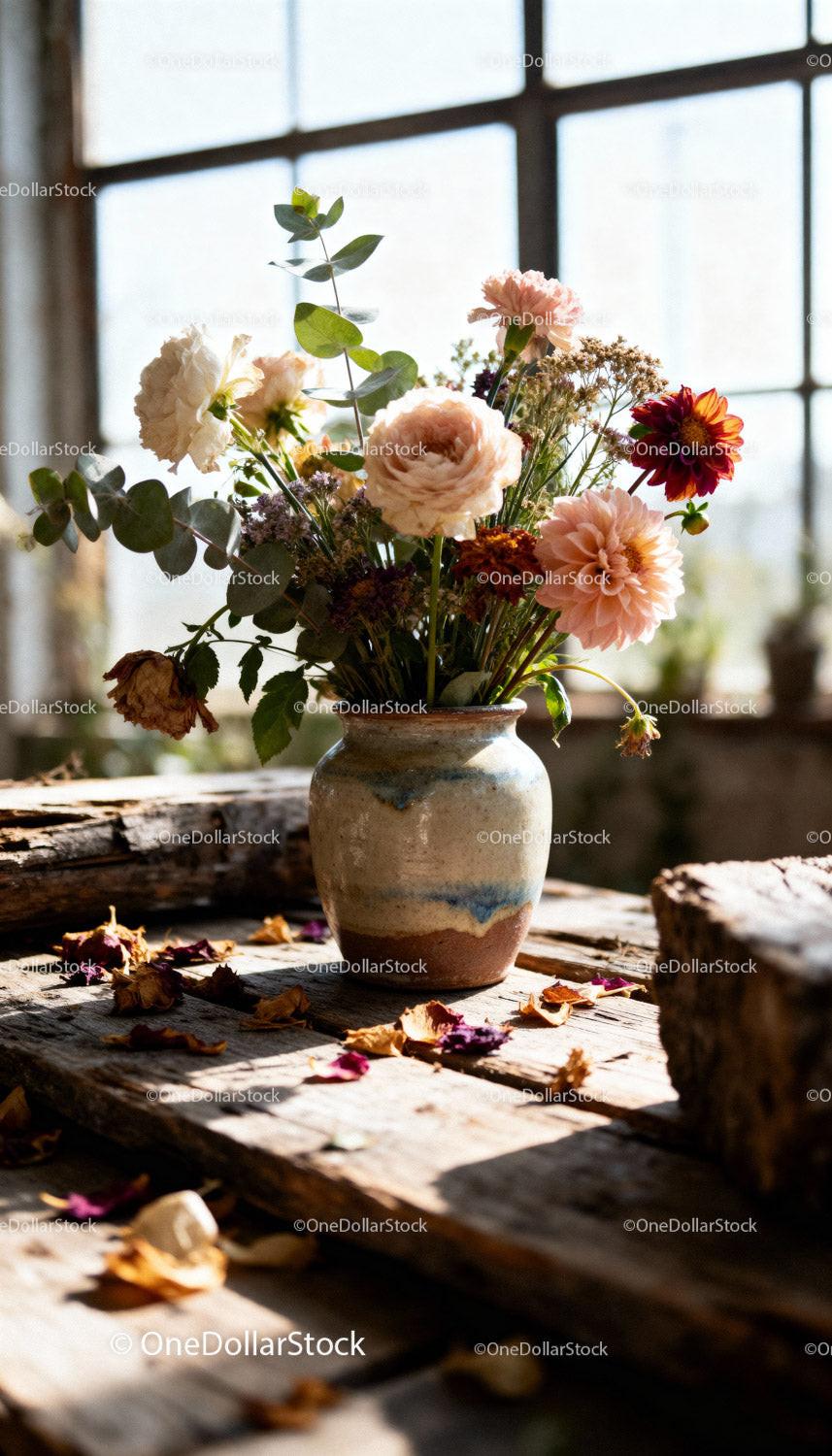 Rustic pottery vase with mixed wildflowers on wooden table