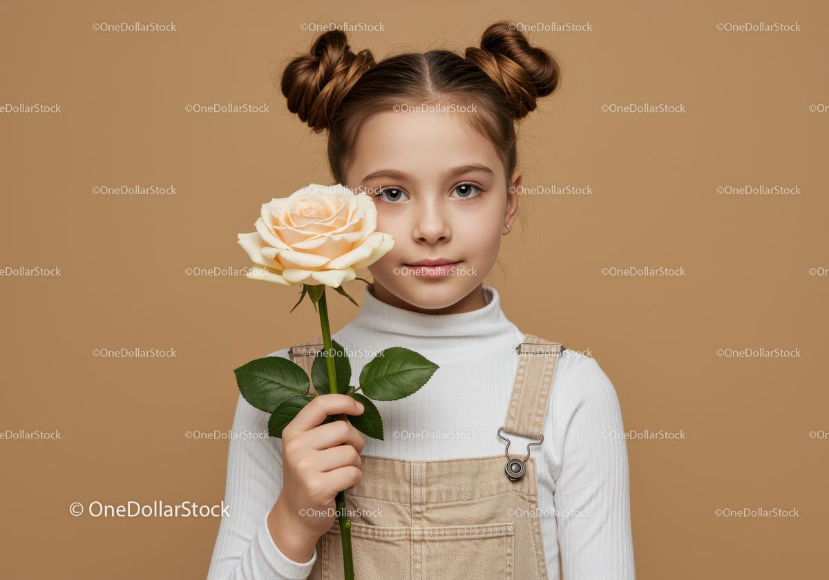 Portret młodej dziewczyny trzymającej kremową różę na beżowym tle