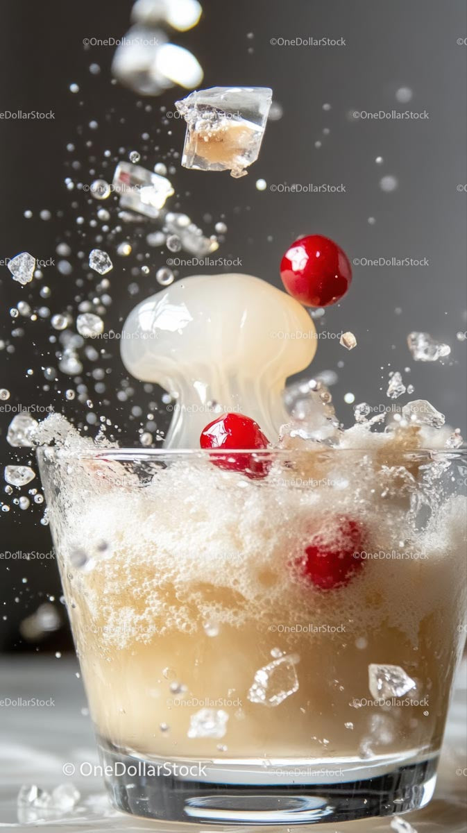 Frothy Beverage with Cherry and Ice Cubes Splashing in Glass