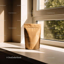 Minimalist kraft coffee bag on sunny windowsill