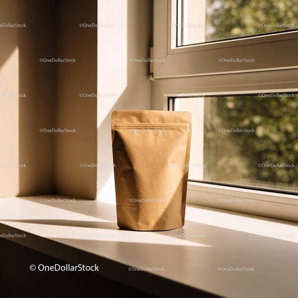 Minimalist kraft coffee bag on sunny windowsill