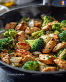 Chicken and Broccoli Stir-Fry in a Black Skillet