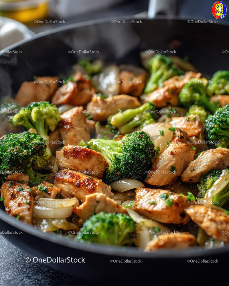 Chicken and Broccoli Stir-Fry in a Black Skillet