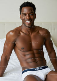 Smiling athletic man sitting on white bed in underwear