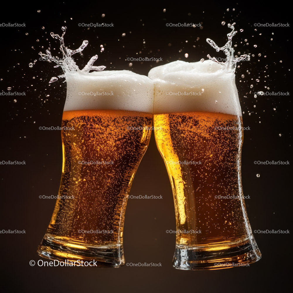 Two Clinking Beer Glasses with Foam and Splash Celebration