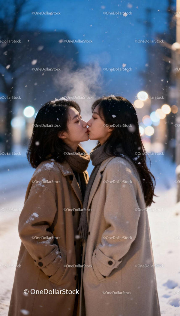 Tender winter kiss between two women in snowy city