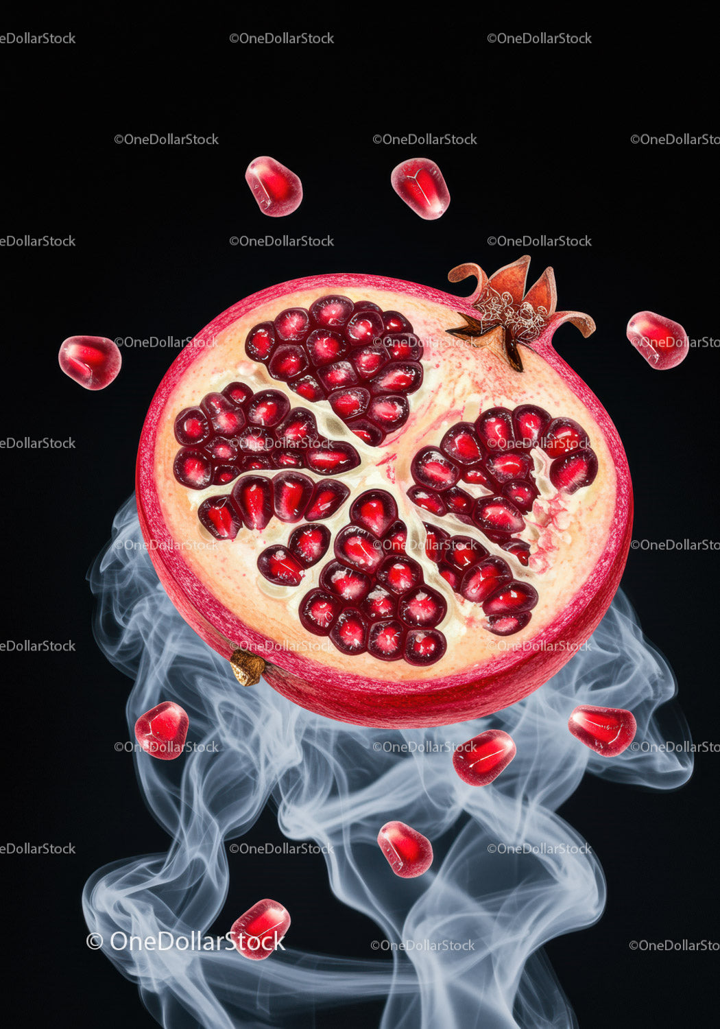 Fresh pomegranate half with seeds and smoky background