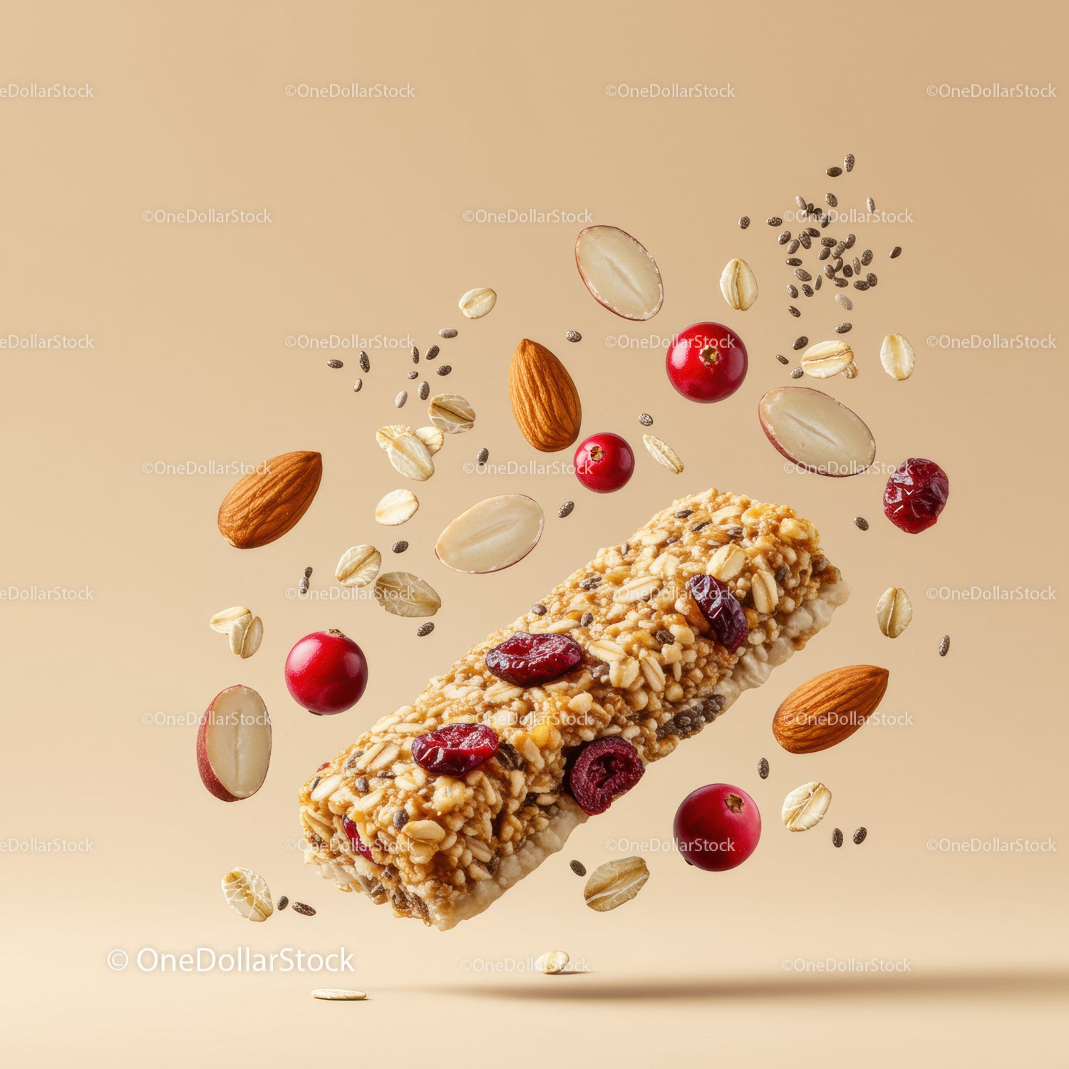 Healthy granola bar with nuts and dried berries