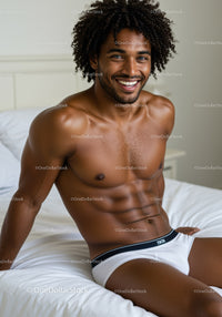 Smiling man relaxing on bed in white underwear