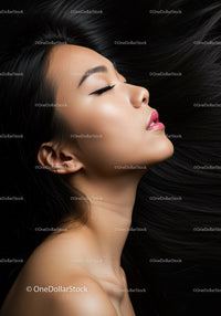 Serene woman with closed eyes and flowing black hair